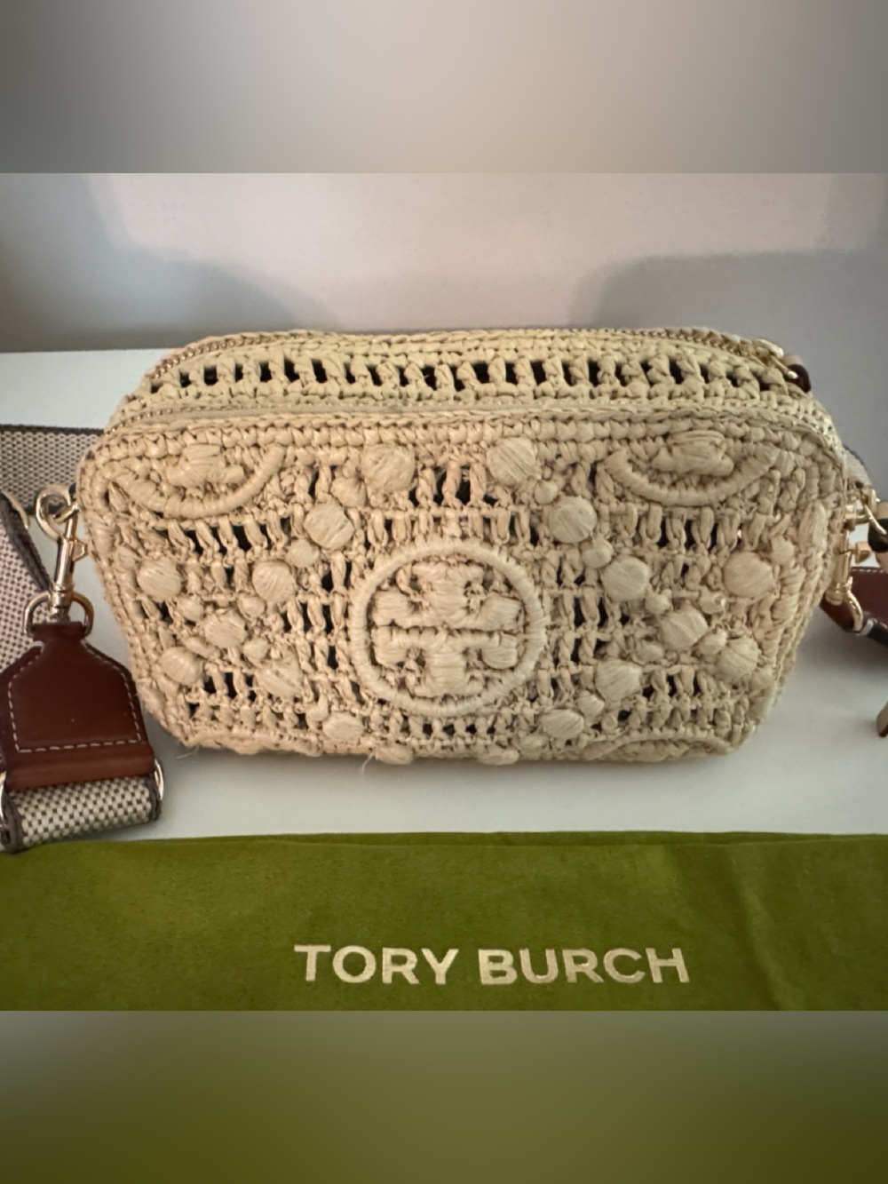Tory Burch Beige Crochet Crossbody Bag with Jacquard Strap - Picture 2 of 6